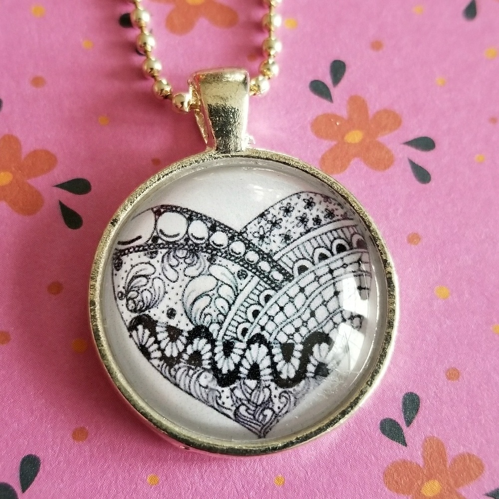 Zentangle necklace heart bubble silver tone ball chain artsy